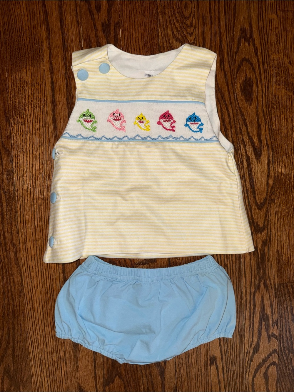 Yellow Striped Baby Shark Smocked Top and Blue Bloomers Kids Matching Set